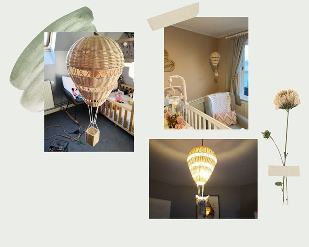 Hand-woven rattan hot air balloon nursery decor – multiple views