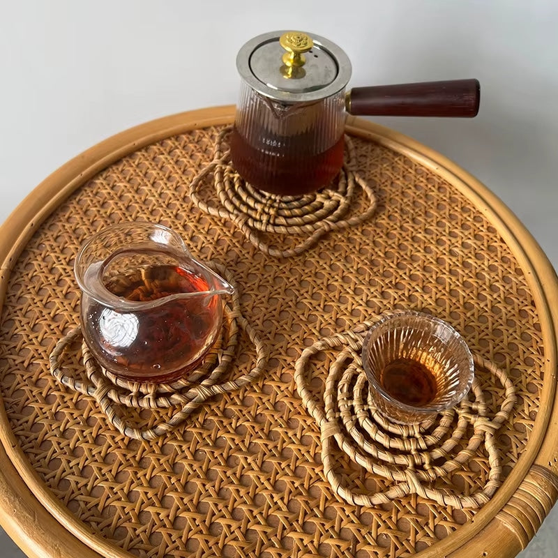 Boho round hand-braided rattan doily – shown in a room setting (4)