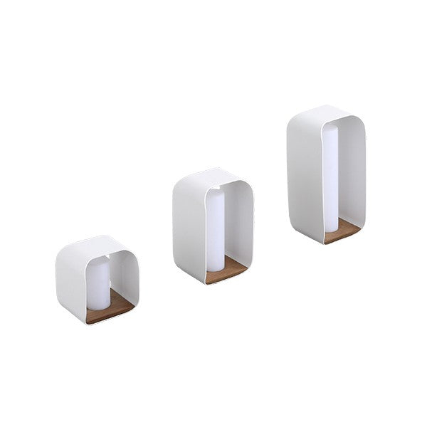 Onda white aluminum and teak cordless outdoor lamp – multiple views