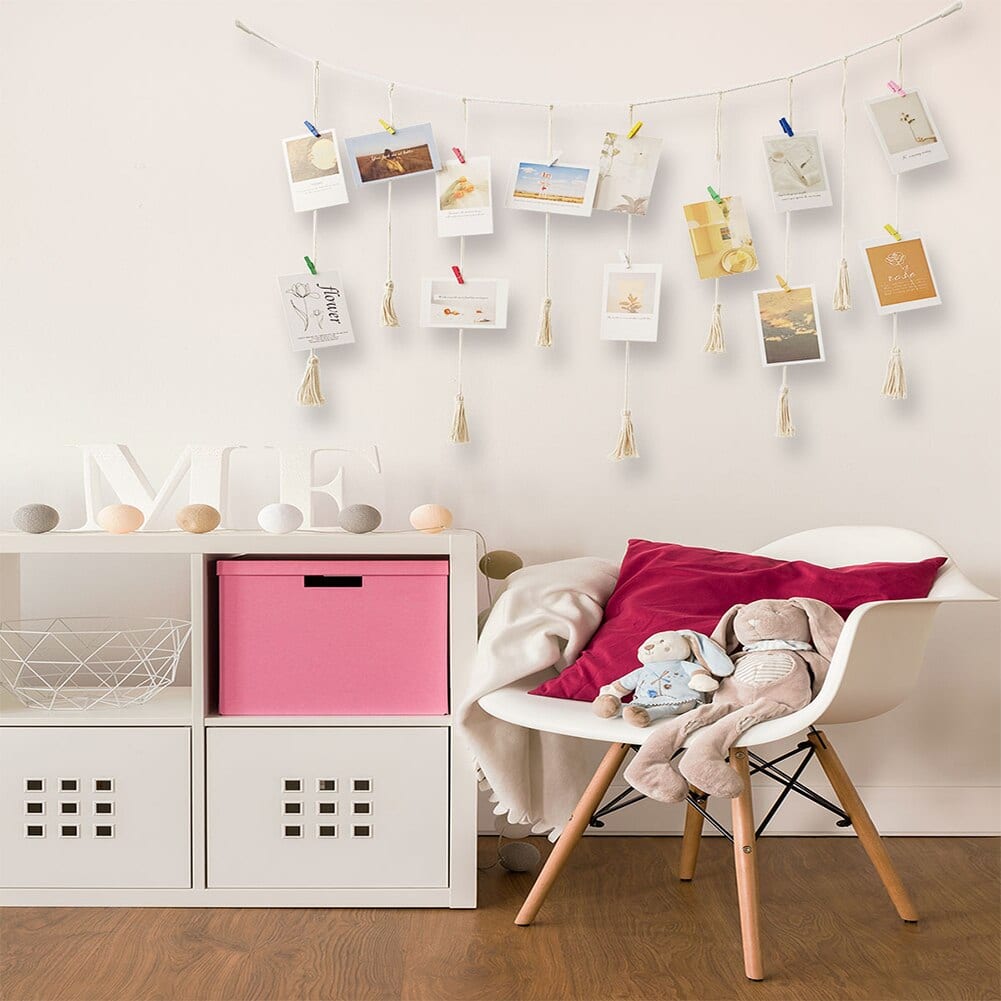 Colorful banner paired with a photo wall display – shown in a room setting