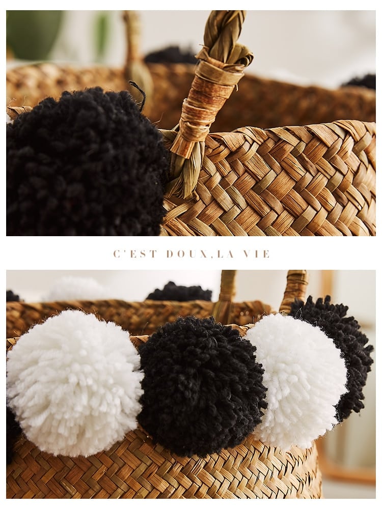Black rattan basket with braided handles and black-and-white pompoms – multiple views