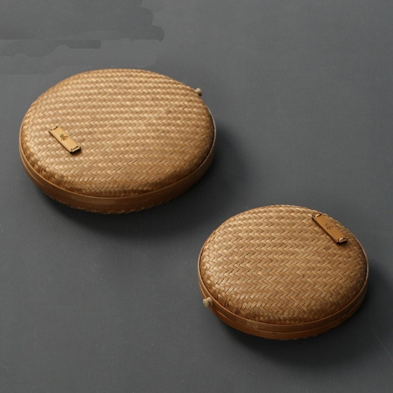 Handmade rattan tea storage basket with a lid – multiple views
