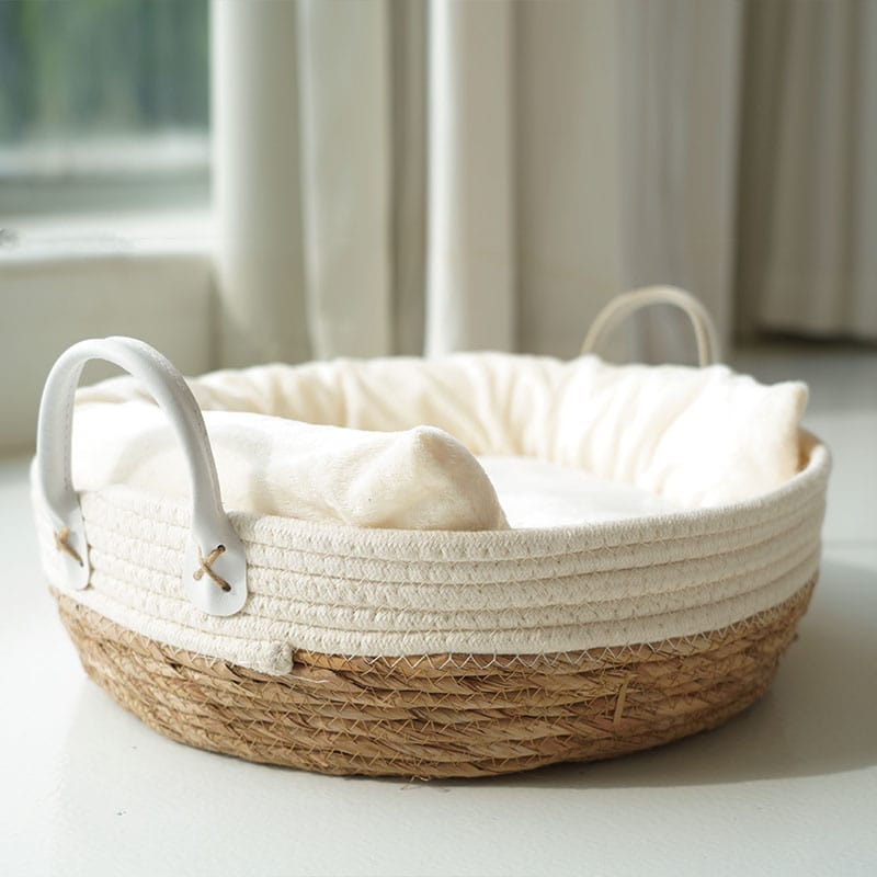 Two-tone rattan pet bed with a soft cushion