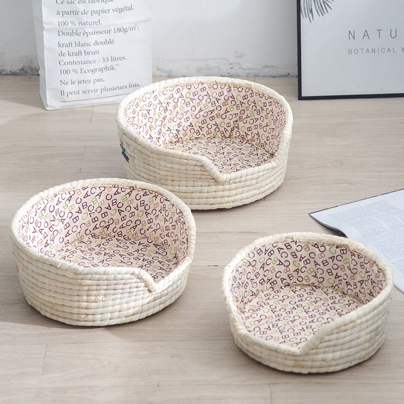 White handwoven rattan dog bed – multiple views