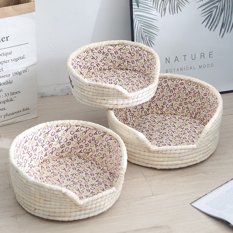 White handwoven rattan dog bed – multiple views (2)