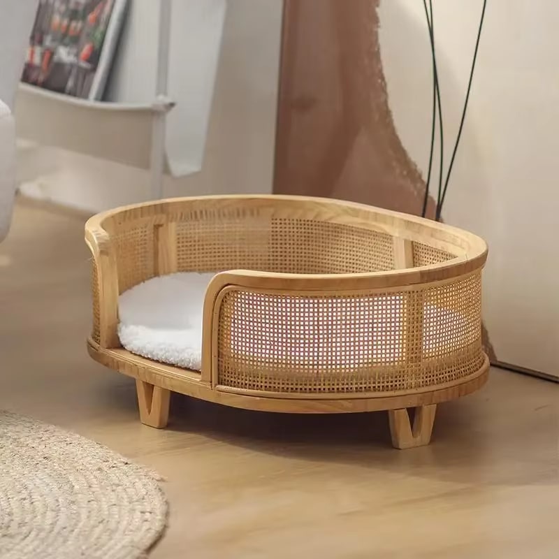 Handwoven wicker dog bed raised on tapered legs – another view