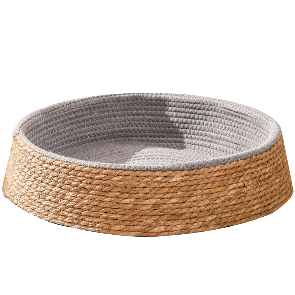 Round handwoven wicker dog bed with gray and beige padding – another view
