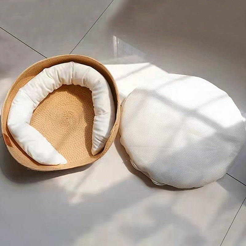Round rattan pet bed with a flat cushion and bolster – another view