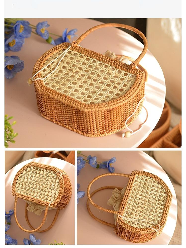 Handmade pure rattan picnic basket with a white cotton lining – multiple views (2)