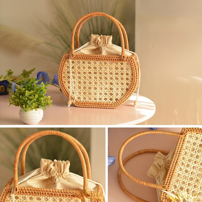 Handmade pure rattan picnic basket with a white cotton lining – multiple views