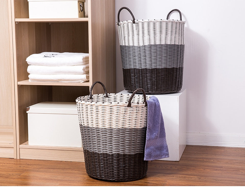 Foldable woven rattan laundry basket – shown in a room setting (3)
