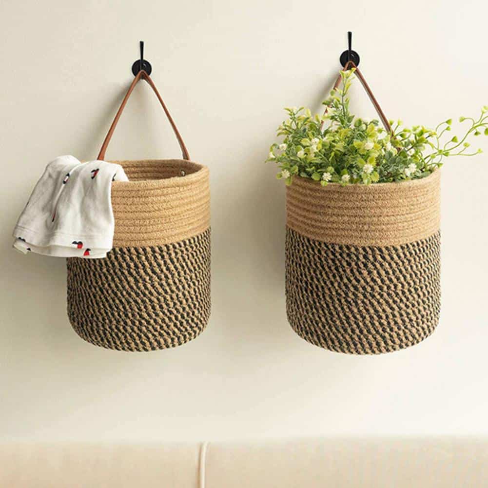 White handwoven plant-fiber hanging storage basket – shown in a room setting (2)