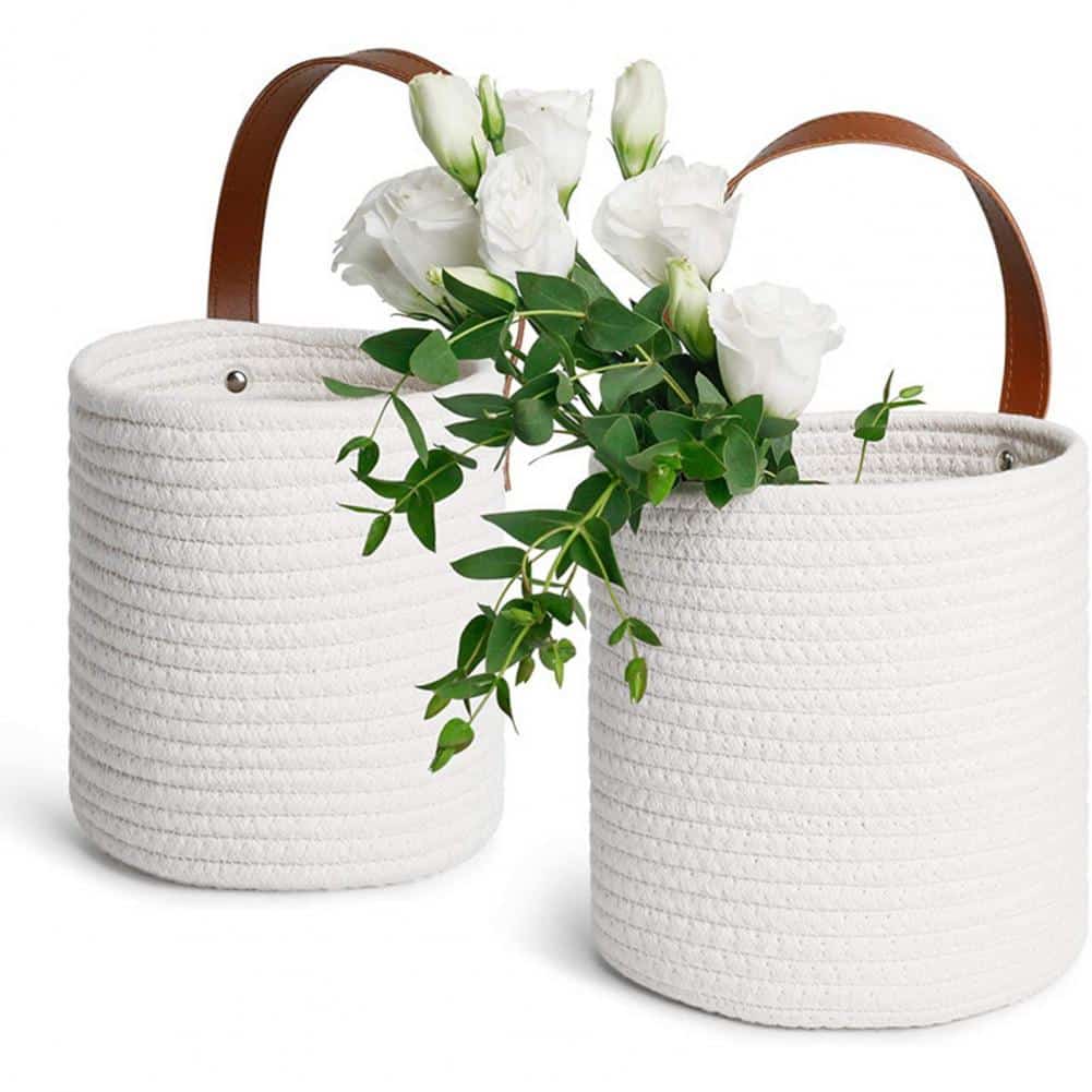 White woven plant-fiber hanging wall basket – another view