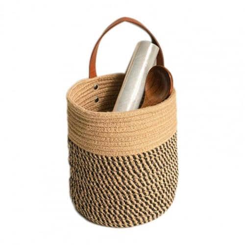 White handwoven plant-fiber hanging storage basket