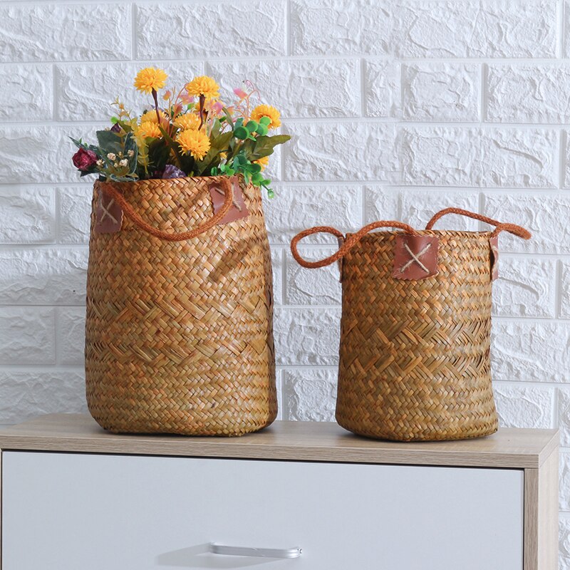 Natural color handwoven rattan storage basket – multiple views