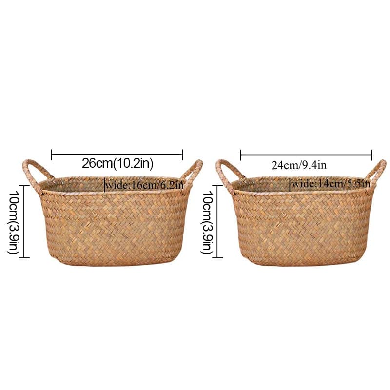 Natural wicker storage basket with side handles – dimensions diagram