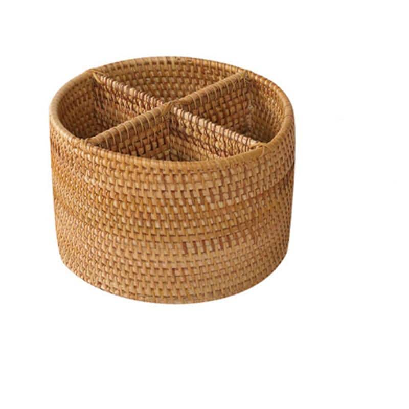 Open grid handwoven rattan storage basket – round, no handle variant, close-up detail