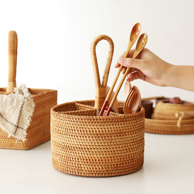 Open grid handwoven rattan storage basket – shown in use