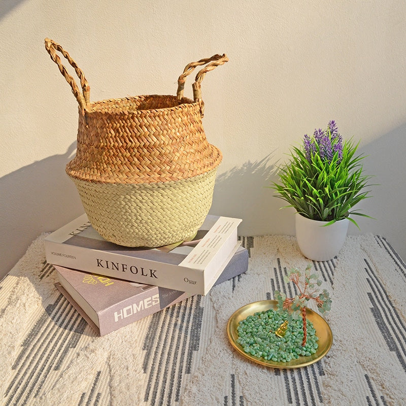 Boho two-tone foldable rattan storage basket with handles – yellow version, shown in a room setting