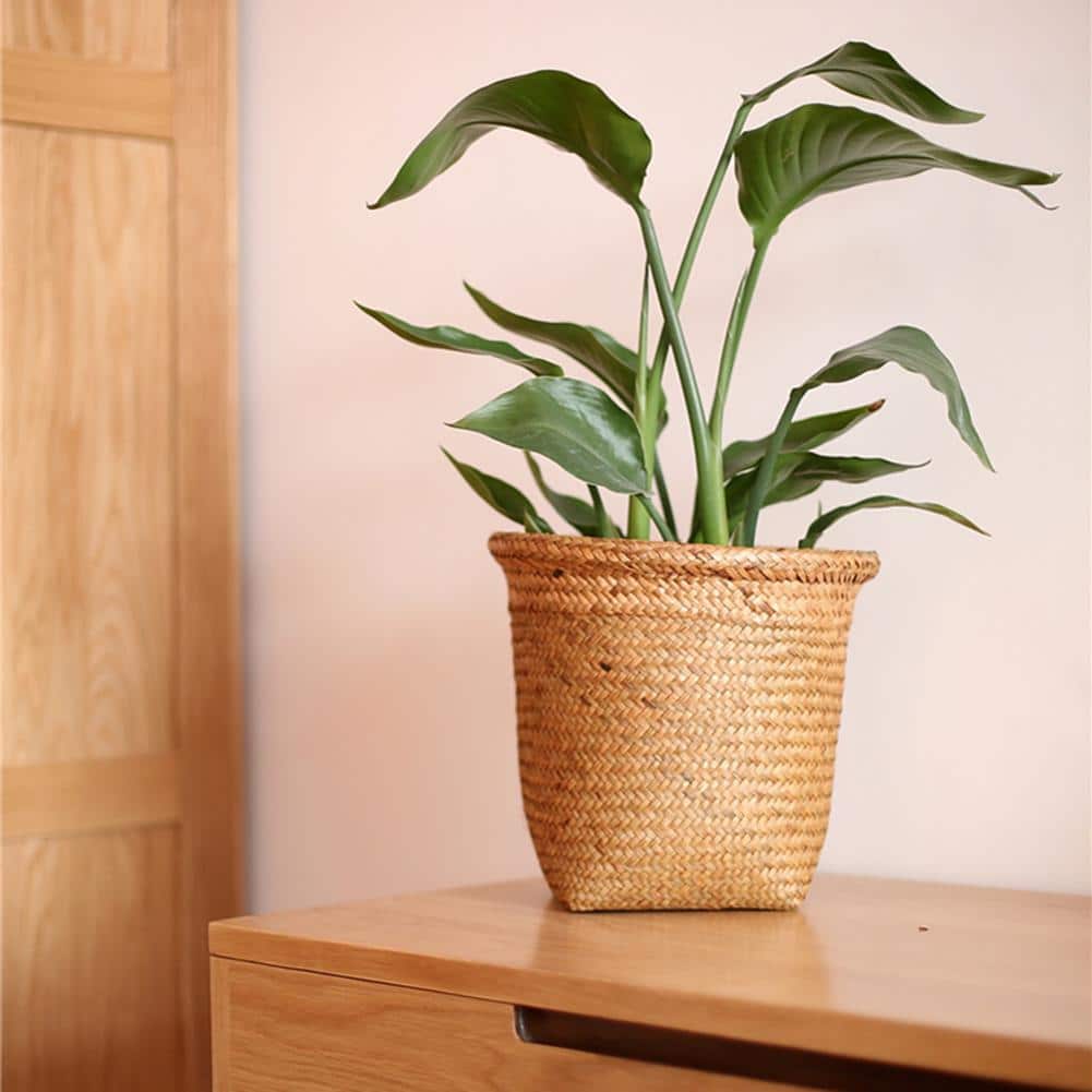 Handwoven rattan storage basket with crossed strands – shown in a room setting (4)