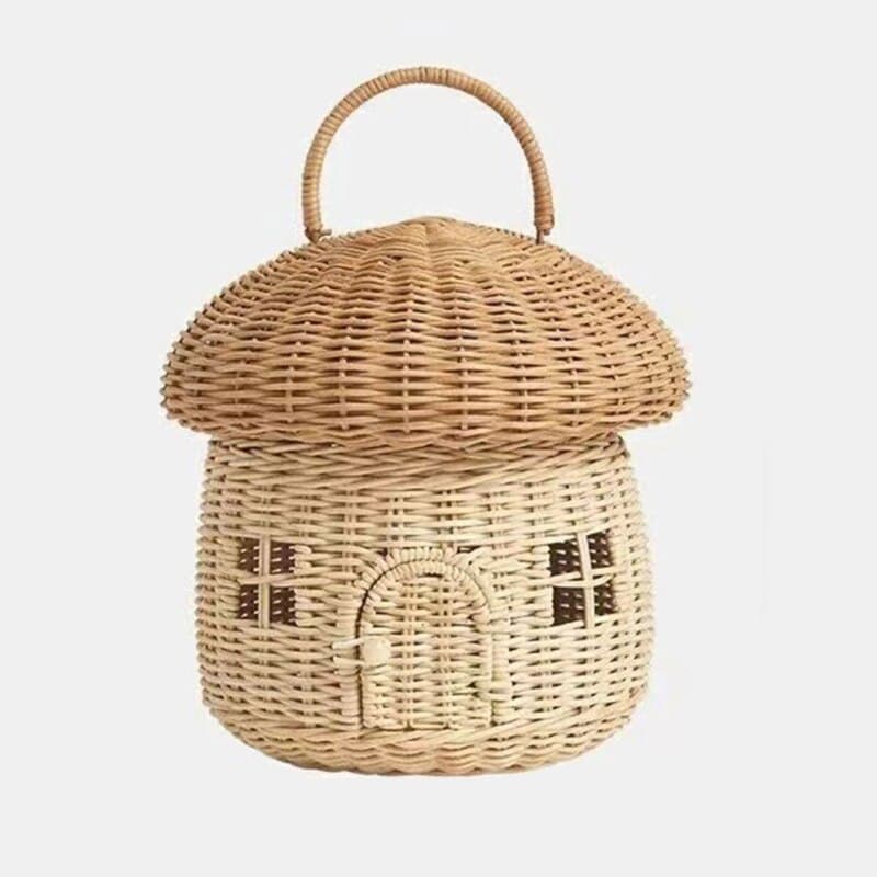 Handwoven rattan storage basket shaped like a little house – another view