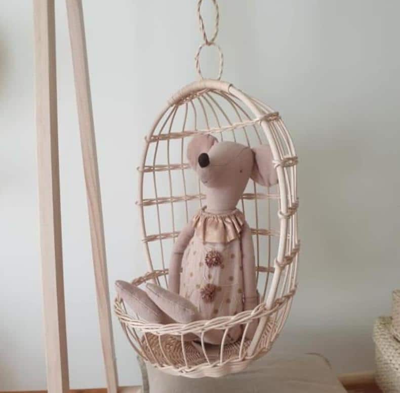 Nordic hanging rattan toy storage basket – shown in a room setting (4)