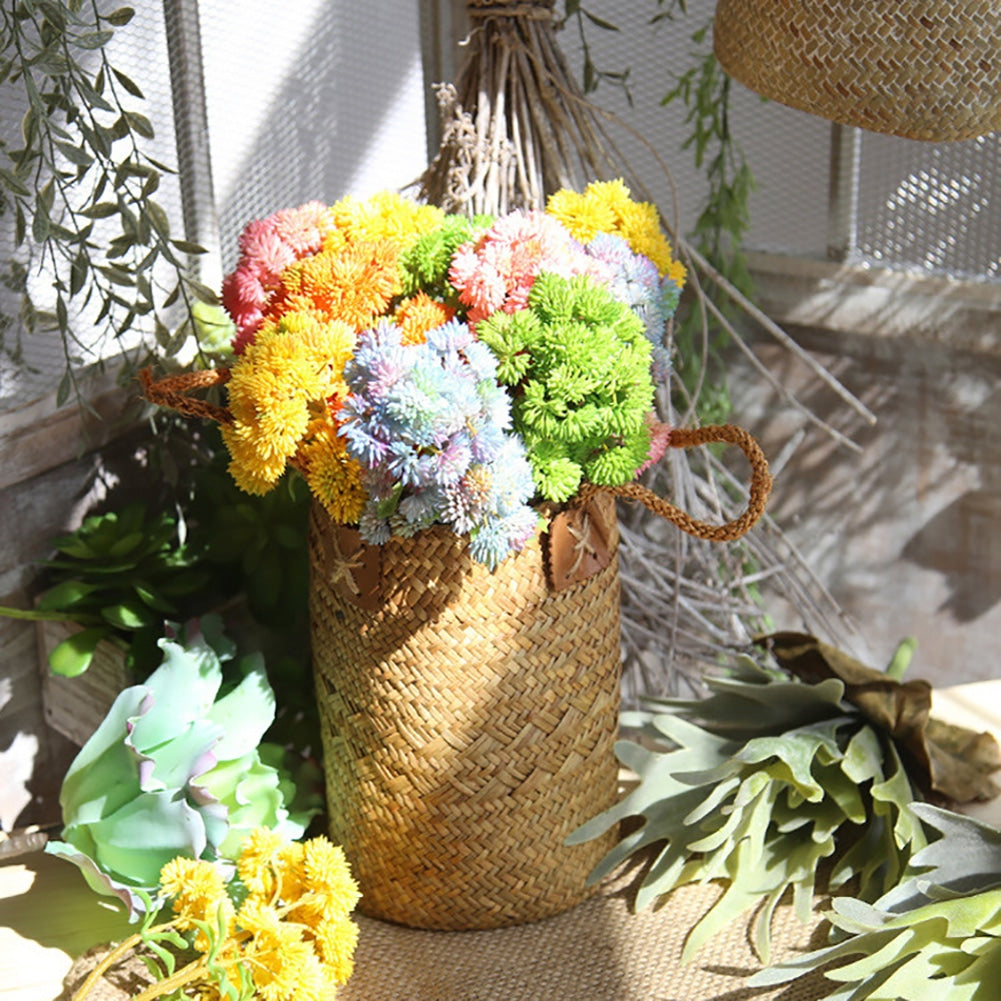Nordic vintage brown handwoven harvest basket with rattan handles – shown in a room setting