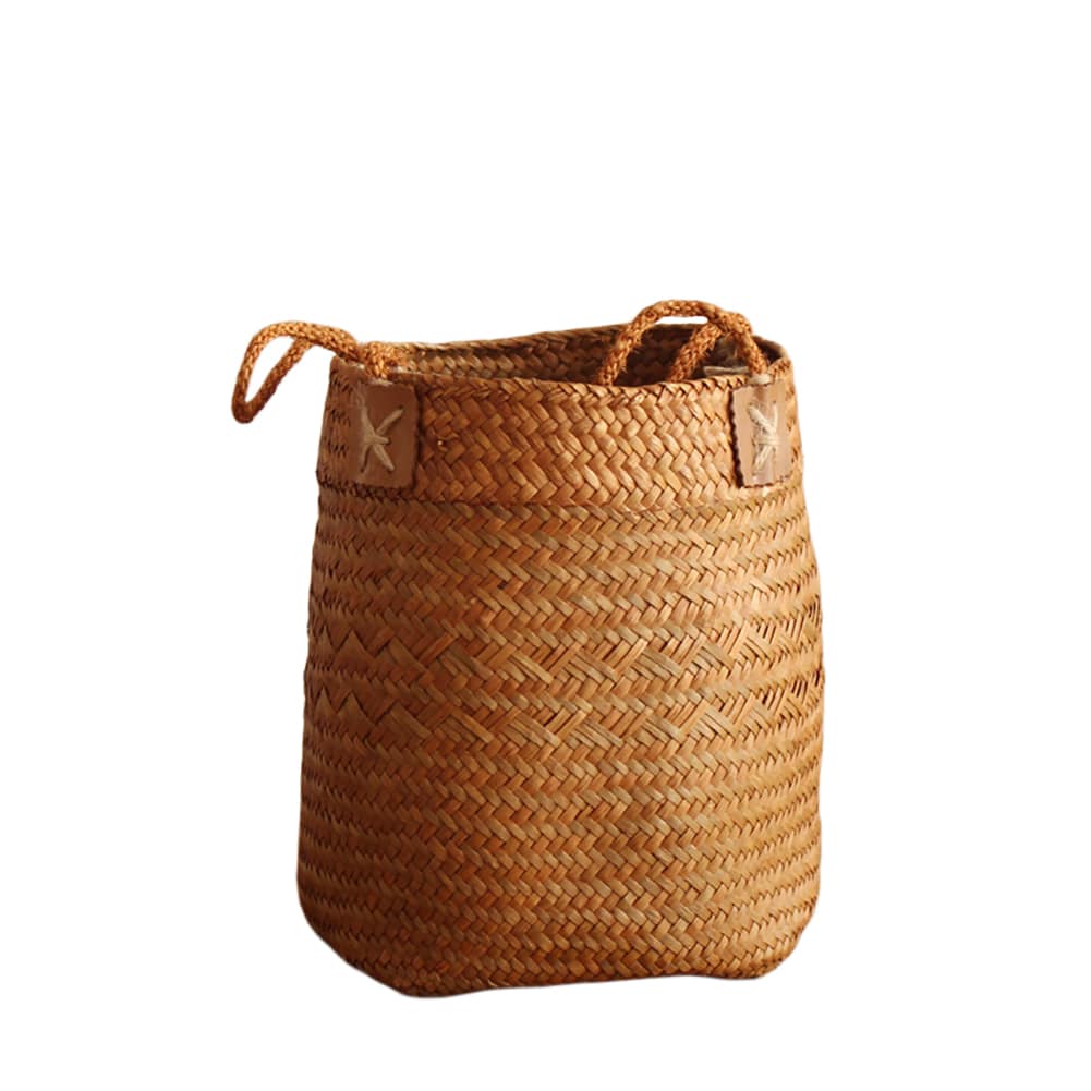Nordic vintage brown handwoven harvest basket with rattan handles
