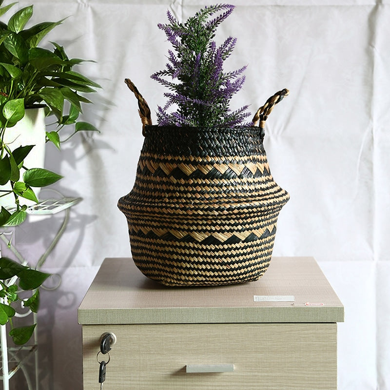 Foldable boho wicker bathroom basket – black variant, shown in a bathroom