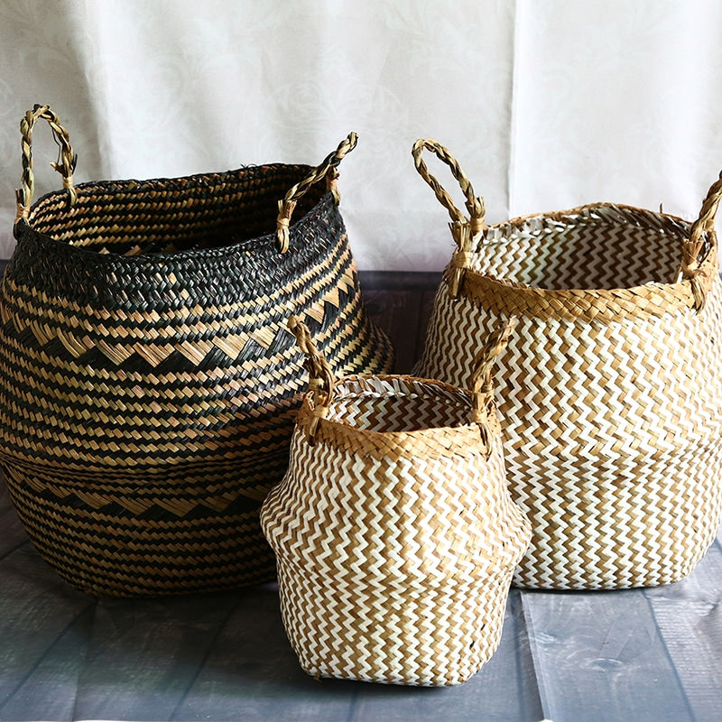 Foldable boho wicker bathroom basket – shown in a bathroom