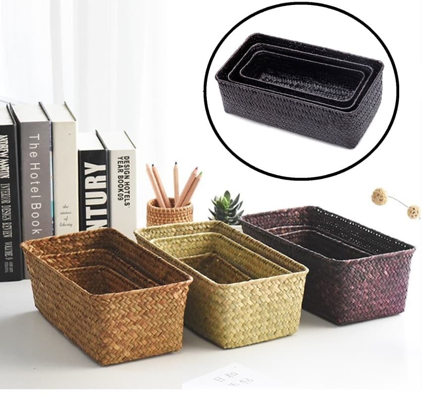 Rectangular handwoven rattan storage bin – multiple views