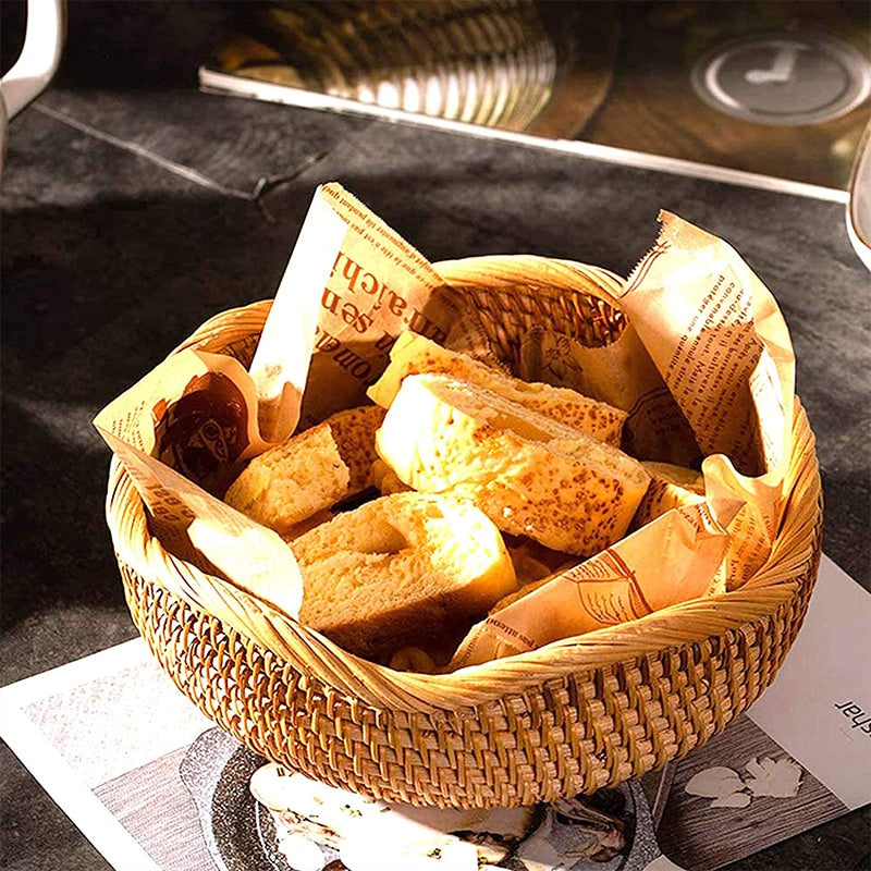 Round handwoven rattan and wicker storage basket – shown in a room setting