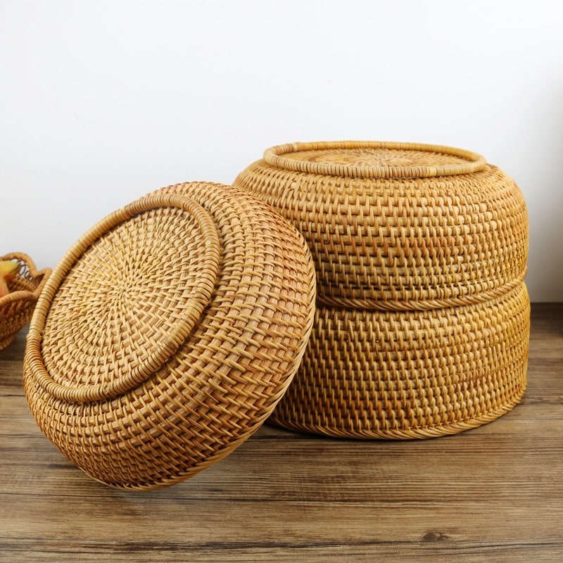 Round woven storage basket in natural rattan and plant fibers – multiple views (2)
