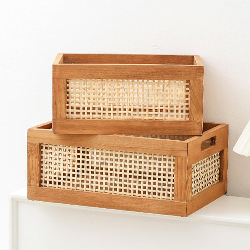 Vintage storage basket with a dark solid wood frame and bamboo walls – multiple views