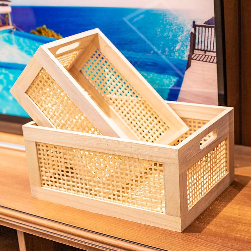 Vintage storage basket with a dark solid wood frame and bamboo walls – shown in a room setting (2)