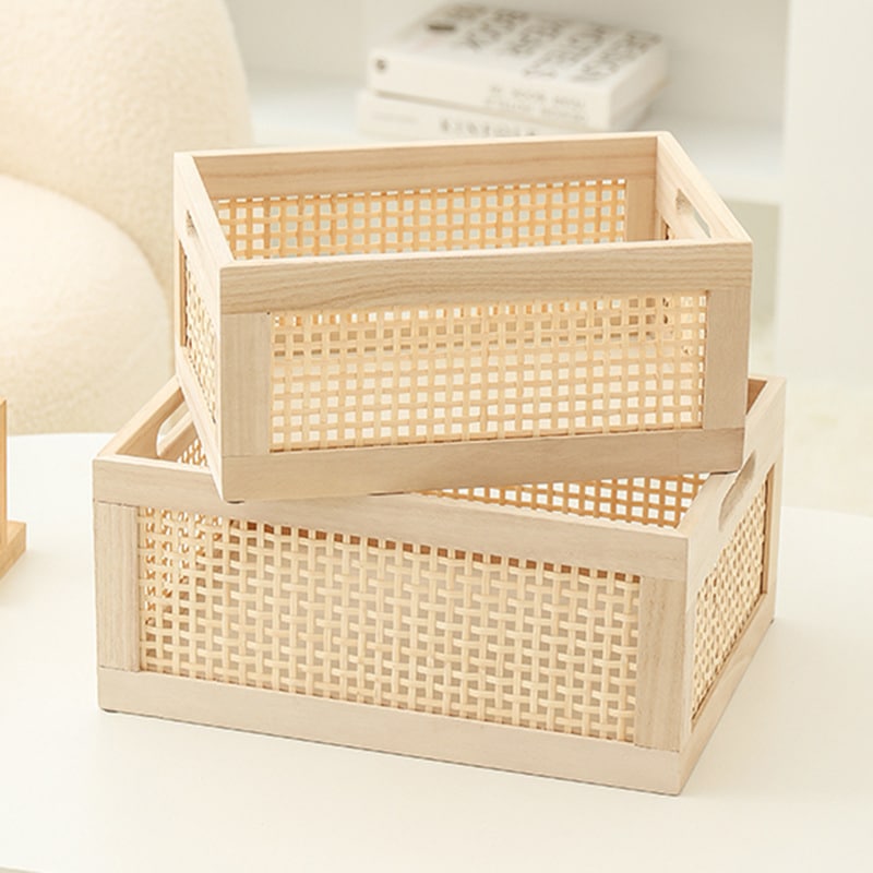 Vintage storage basket with a dark solid wood frame and bamboo walls – C variant, multiple views