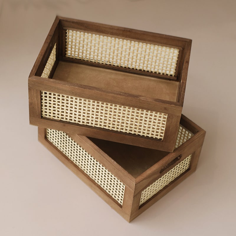 Vintage storage basket with a dark solid wood frame and bamboo walls – shown in a room setting (4)