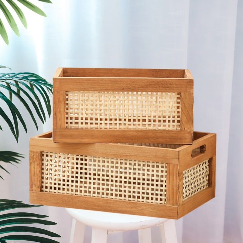 Vintage storage basket with a dark solid wood frame and bamboo walls – shown in a room setting