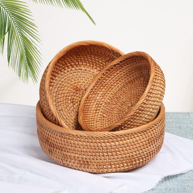 Round handwoven rattan pantry basket – multiple views