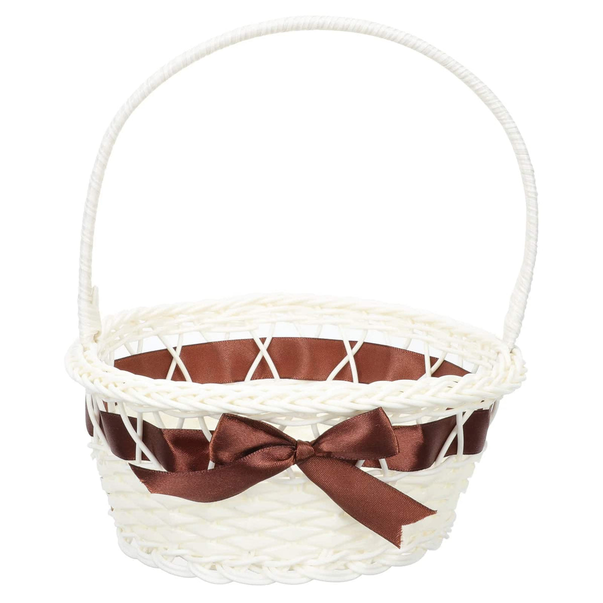 Ivory wicker-look basket with a brown ribbon and handle