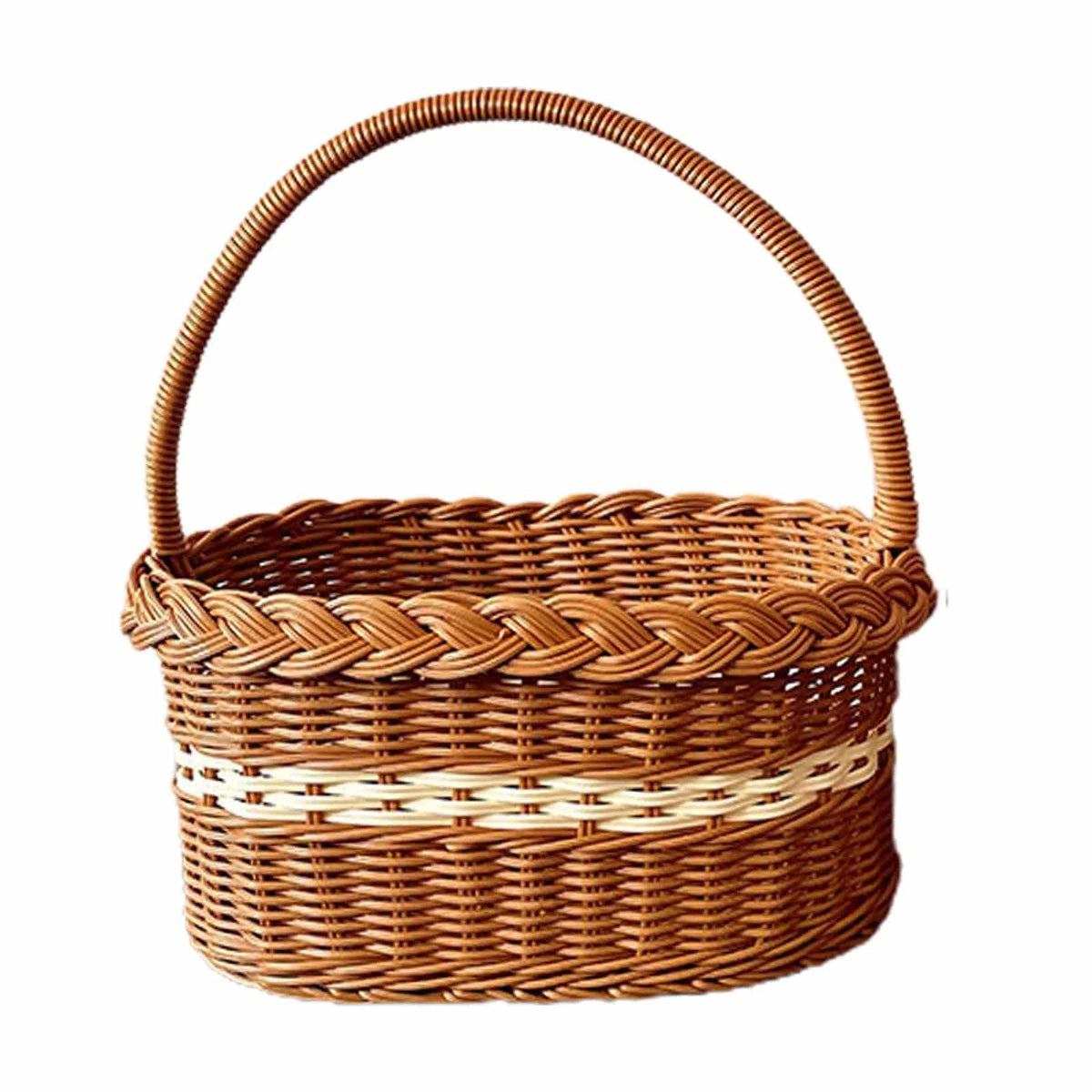 Wicker-look basket with a fine white trim along the rim
