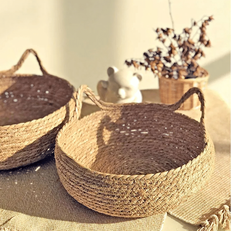 Breathable paper rope cat bed basket on a bamboo frame – shown in a room setting (2)
