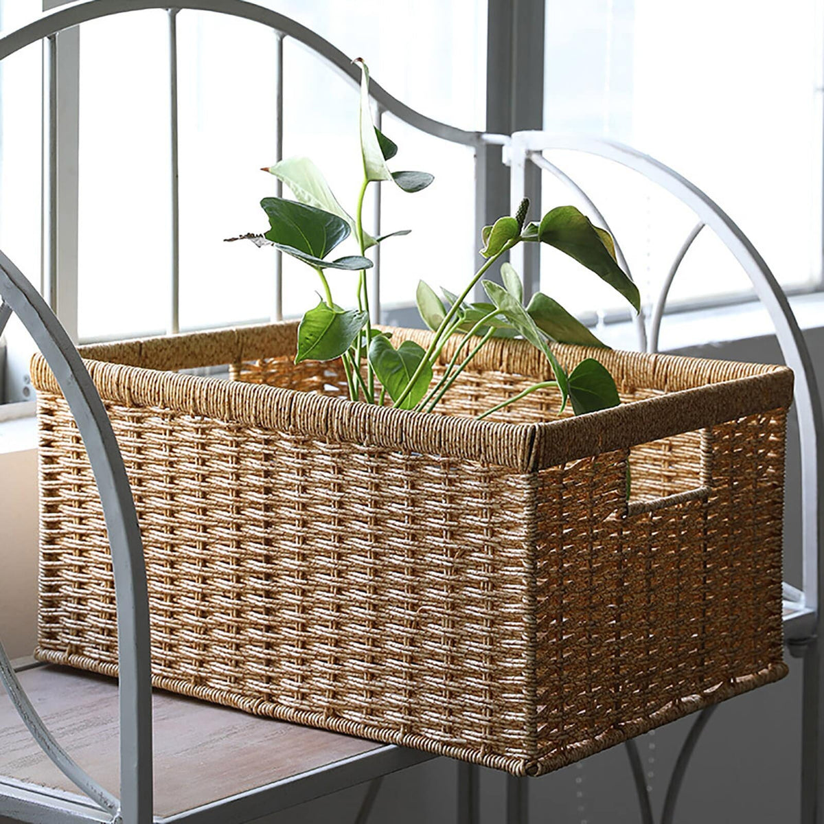 Rectangular handwoven rattan basket – shown in a room setting (2)