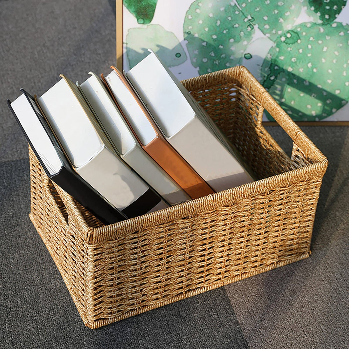 Rectangular handwoven rattan basket – shown in a room setting