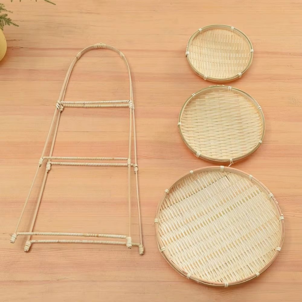 Three-tier handwoven rattan fruit basket stand – multiple views