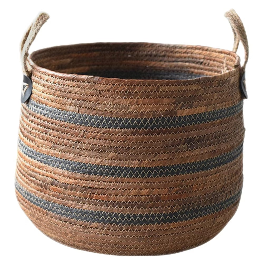 Slender Nordic rattan laundry basket with dark banding