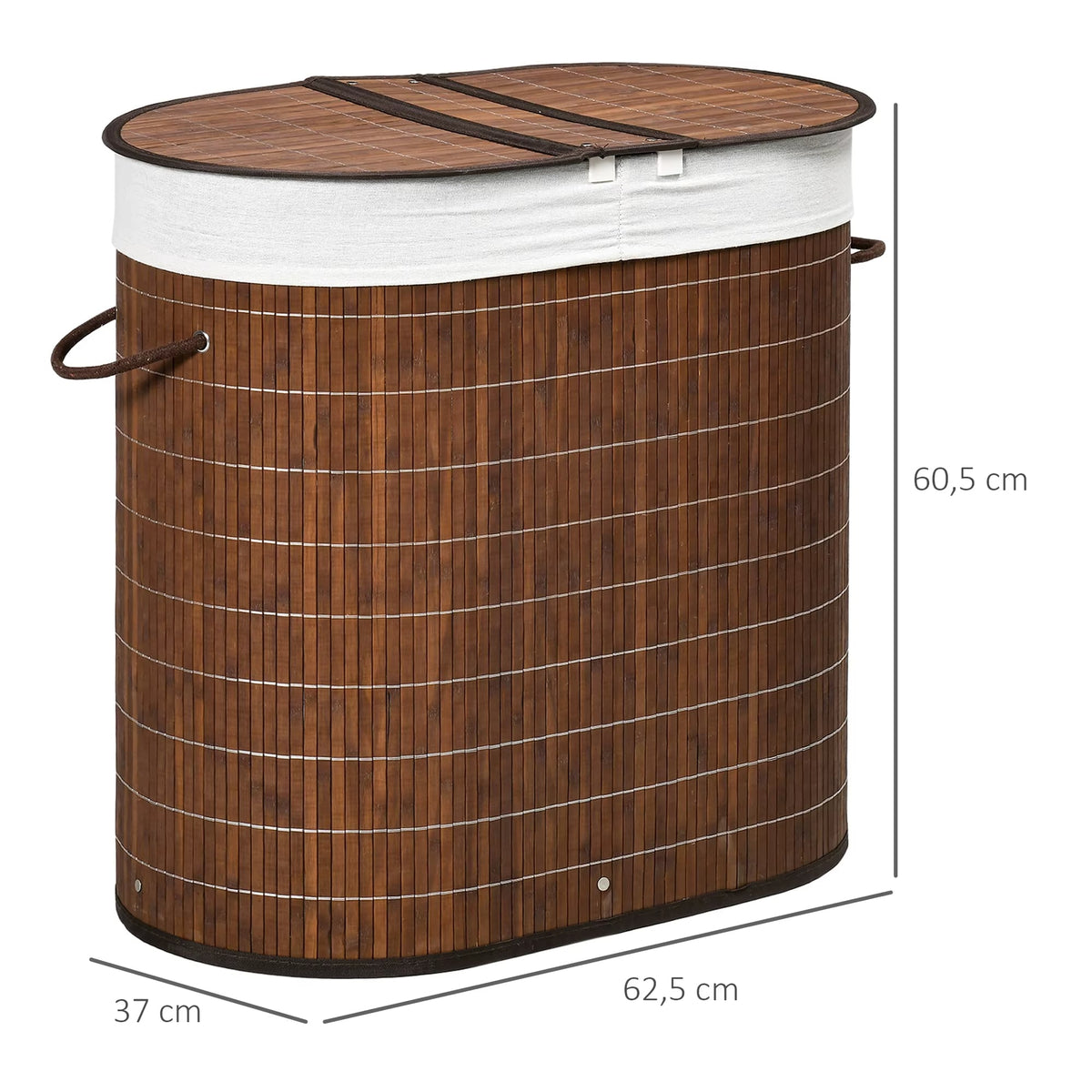 Two-compartment rattan and bamboo laundry basket – dimensions diagram