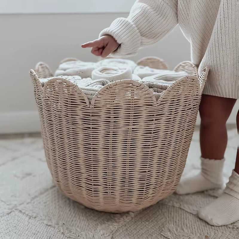 Flared rattan laundry basket in natural beige with a Nordic look – shown in use