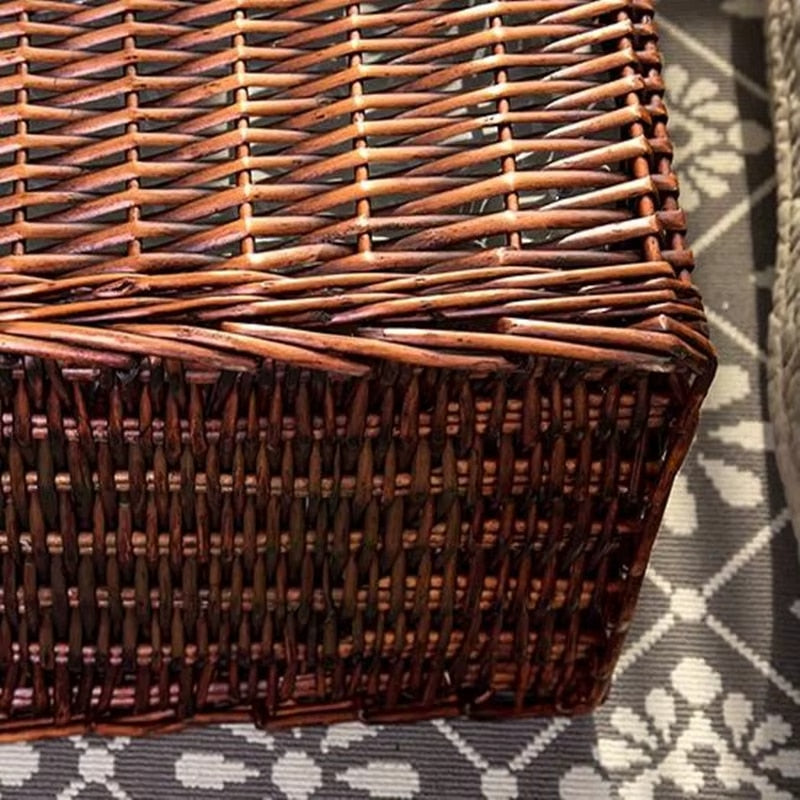 Retro brown rattan laundry basket with a curved lid – close-up detail