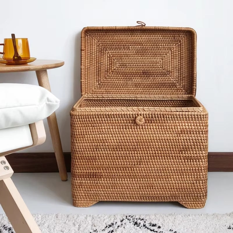 Large capacity vintage rattan laundry basket with openwork walls – shown in a room setting